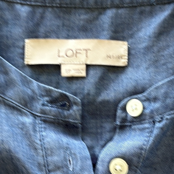 LOFT Blue Chambray Pleated Button Front Henley Popover Tunic Tie Cuffs Sz S - Picture 6 of 15